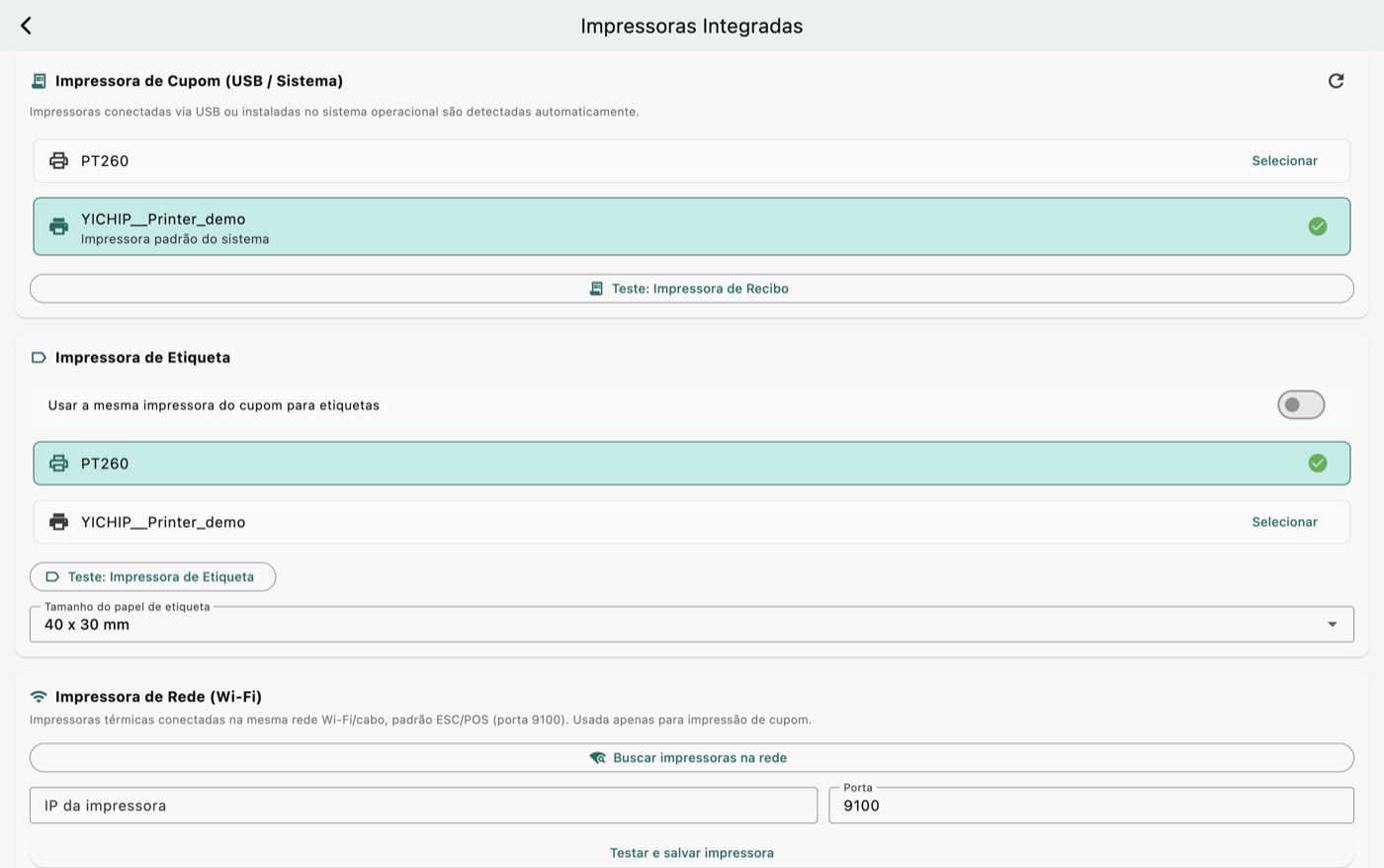 Configuração de impressoras de cupom e etiqueta