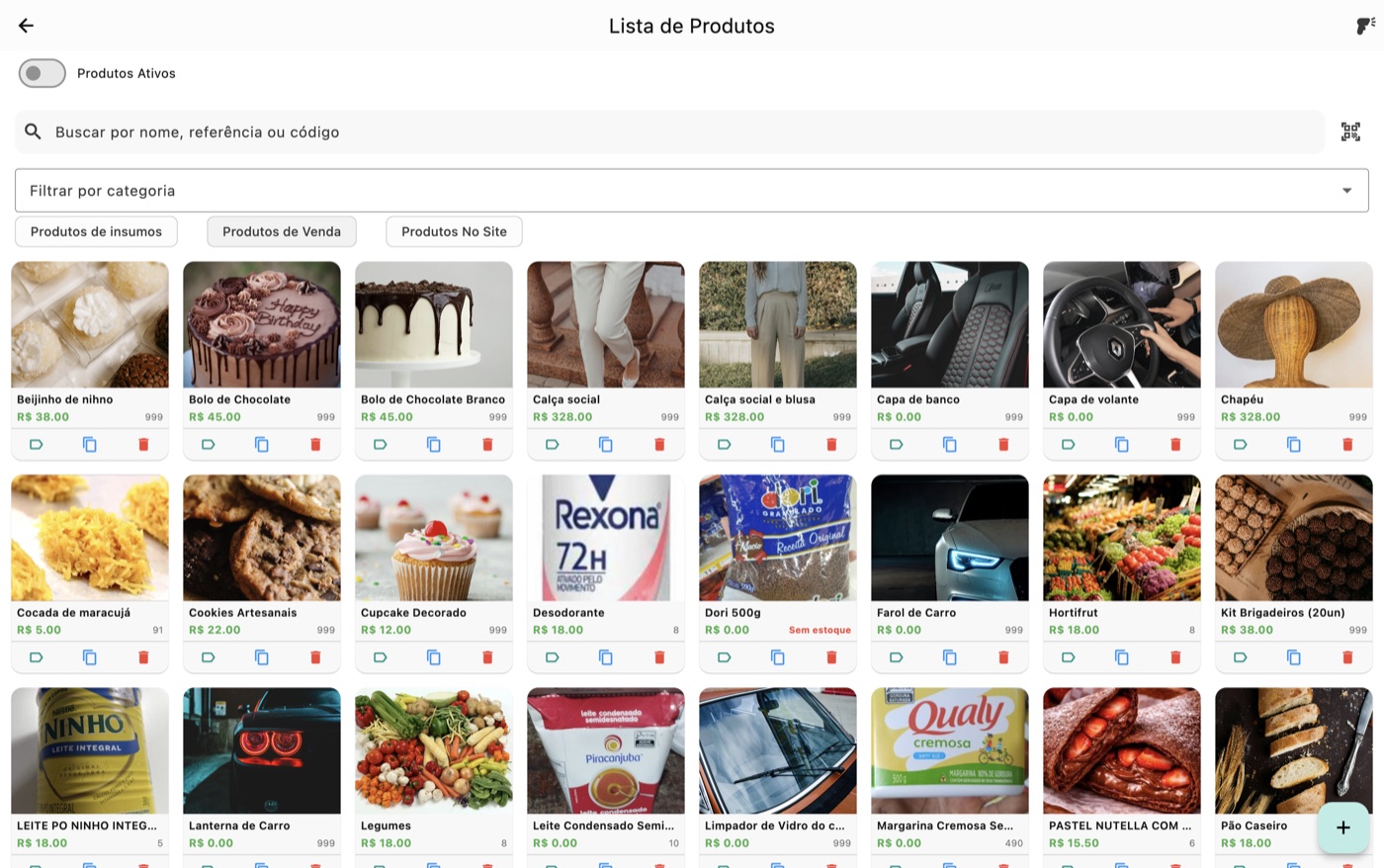 Lista de produtos cadastrados com fotos e preços