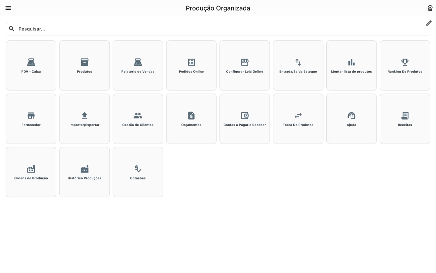 Menu principal do app com todos os módulos