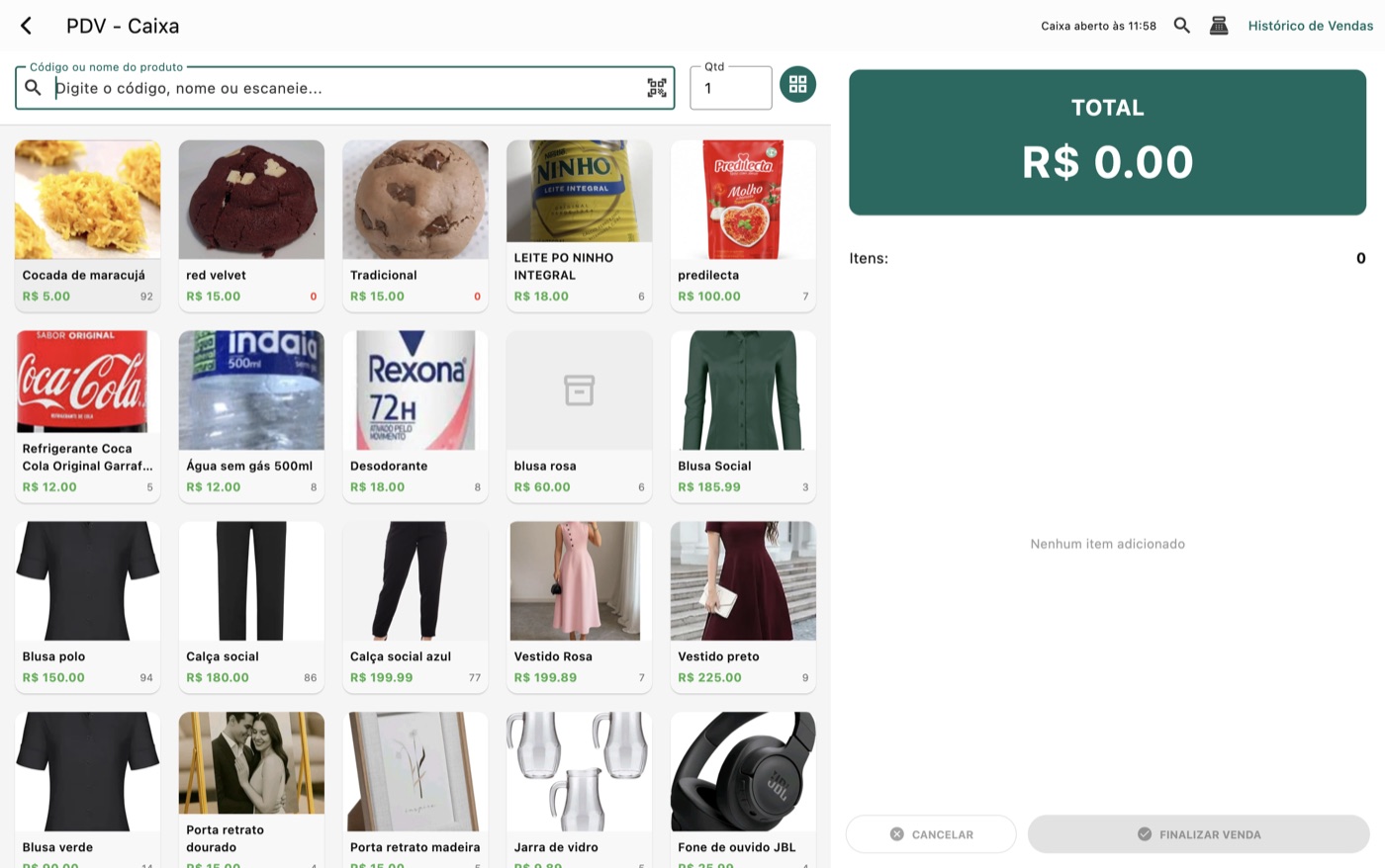 Tela do PDV - Caixa do app Produção Organizada, com produtos, quantidade e total da venda