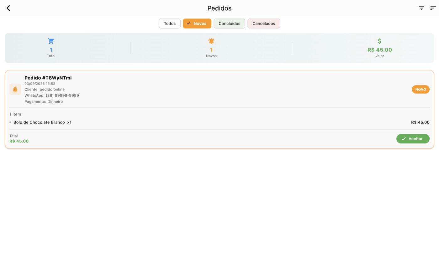 Tela de pedidos online recebidos